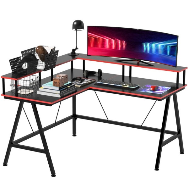 Homcom L-Shape Corner Gaming Desk Computer Table- Black & Red